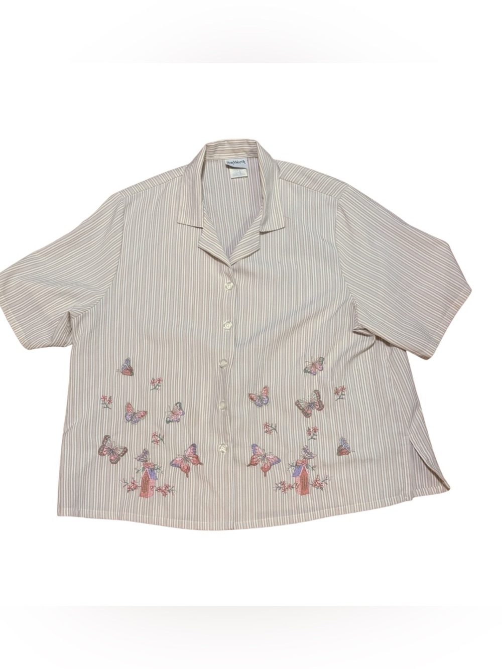 Vintage BonWorth Womens L Butterfly Embroidered Striped Shirt Cottagecore Y2K